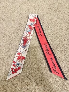 Floral Silk Scarf Ribbon with Script "France Paris" - Red, White, Blue